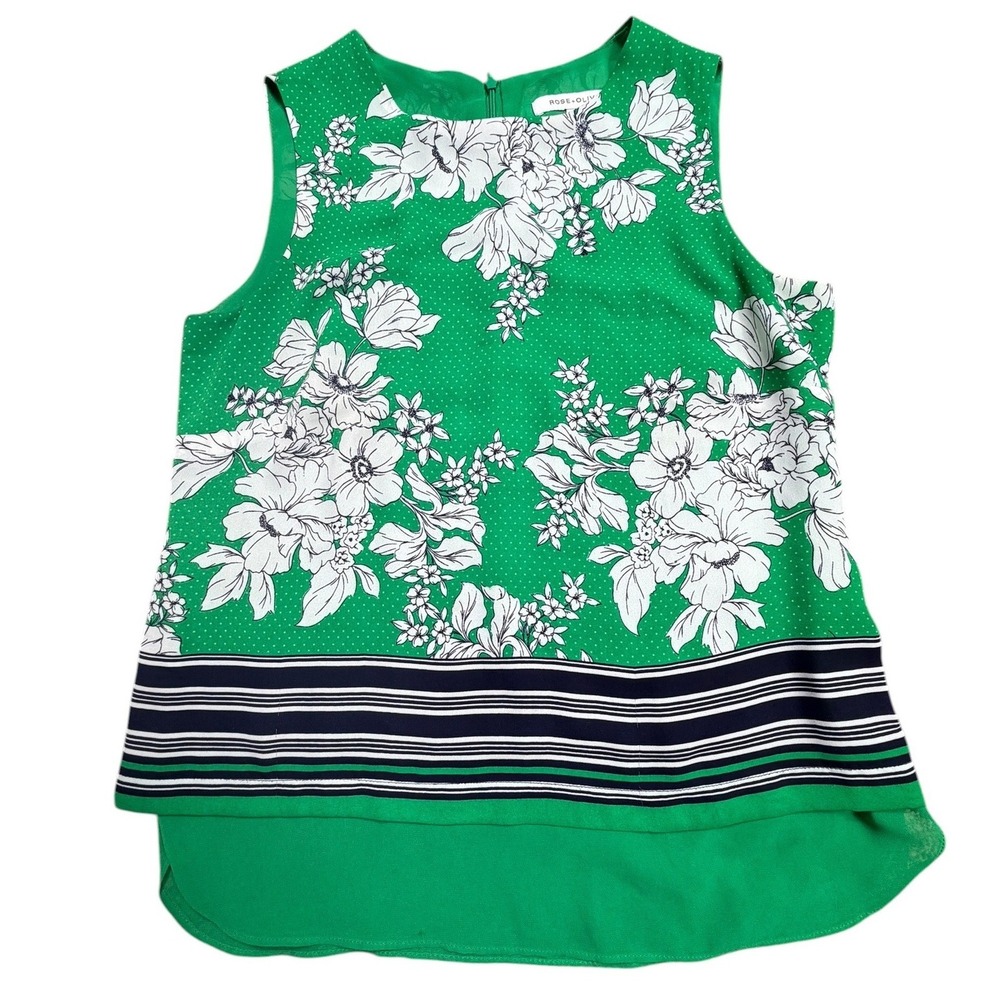 Rose + Olive Green Floral Polka Dot Sleeveless Blouse Striped Hem Tank Womens S